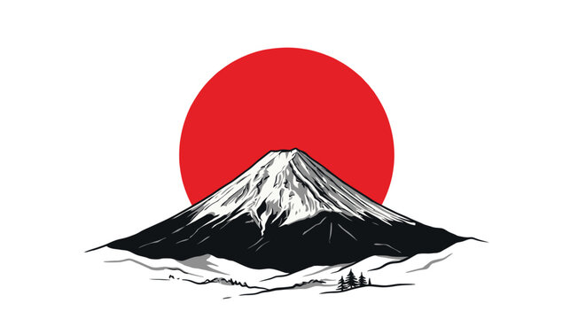Mount Fuji illustration with a red sun disk graphic design style