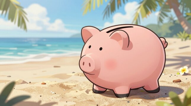 Adorable cartoon piggy bank stands on a sandy beach, surrounded by tropical plants. This whimsical illustration captures the essence of fun savings and adventure.