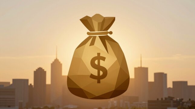 A golden money bag symbolizing wealth and prosperity is set against an urban skyline at sunrise, representing financial growth and opportunity in business.