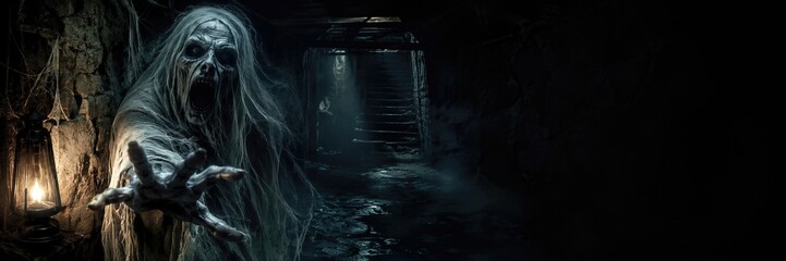 Fototapeta premium Scary ghost woman with screaming face reaching hand in dark haunted basement corridor with old lantern. Horror zombie monster in abandoned house. Banner with copy space