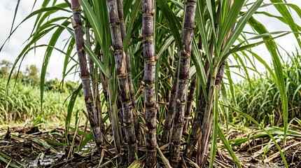 Obraz premium Close-up of fresh sugarcane stalks growing in a lush green field.
