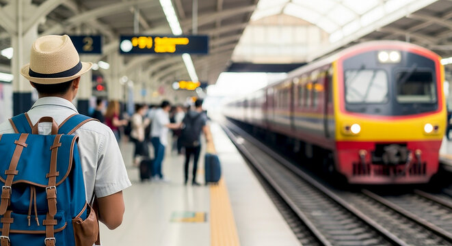 Tourist with backpack and hat waiting at train station platform with arriving train representing travel tourism transportation journey commute public transit concept outdoor urban settings
