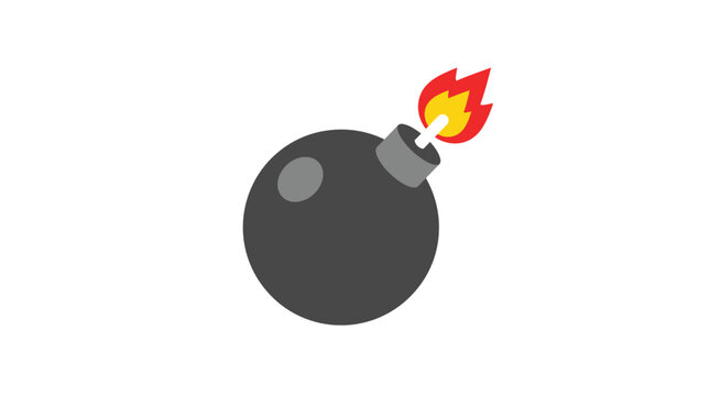 Round black bomb vector illustration with burning red flame and white fuse