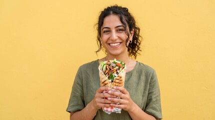 Obraz premium Happy woman holding and enjoying a colorful smoothie bowl.