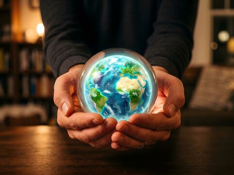 Hands gently holding a globe representing earth