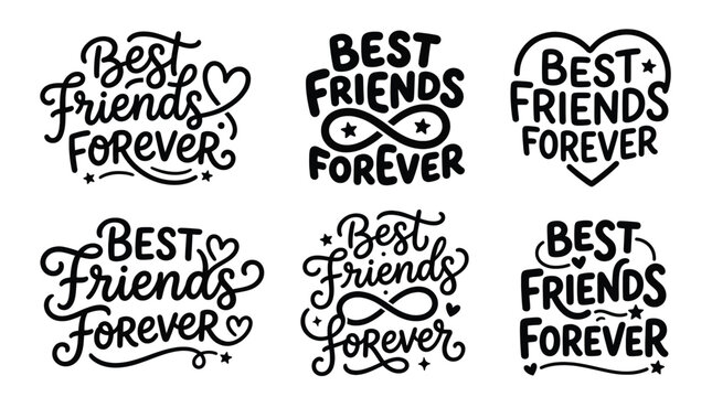 Set of best friends forever lettering designs, friendship quotes with hearts and symbols for cards and creative projects