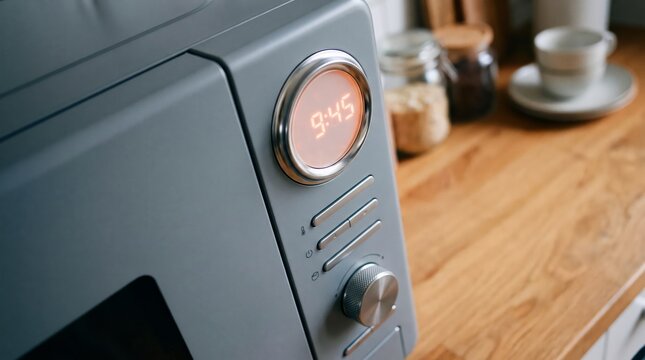 A gray kitchen microwave with a glowing orange digital display sitting on a wooden countertop with microwave with microwave