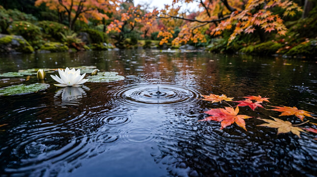 Close Up Raindrops Creating Ripples in Indigo Pond Reflecting Autumn Maple Leaves Lotus Blossoms