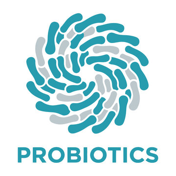 Probiotics logo with blue and grey bacteria illustration