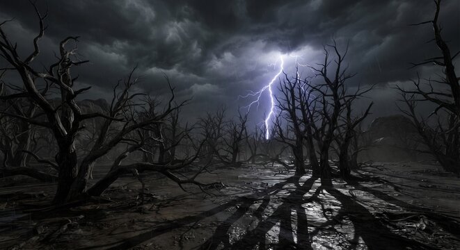 The sky was pitch black, with the silhouettes of withered trees and terrifying lightning