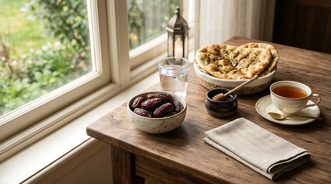 Ramadan iftar meal with dates and flatbread on a wooden table by window