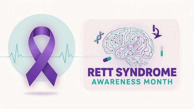 Rett syndrome awareness month purple ribbon and human brain illustration