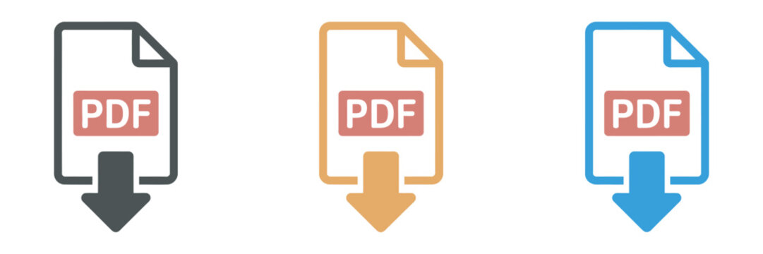 Download PDF icon set, vibrant three color document symbols for file download, digital documents, PDF files and vector illustration