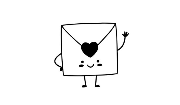 Cute cartoon love letter character vector illustration with smiling face and red heart icon isolated on white background