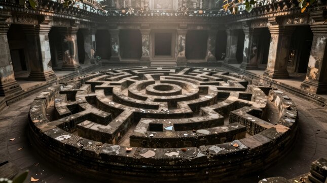 Explore a mesmerizing ancient stone maze within a historic temple, bathed in captivating sunlight and deep shadows, inviting both curiosity and reflection.