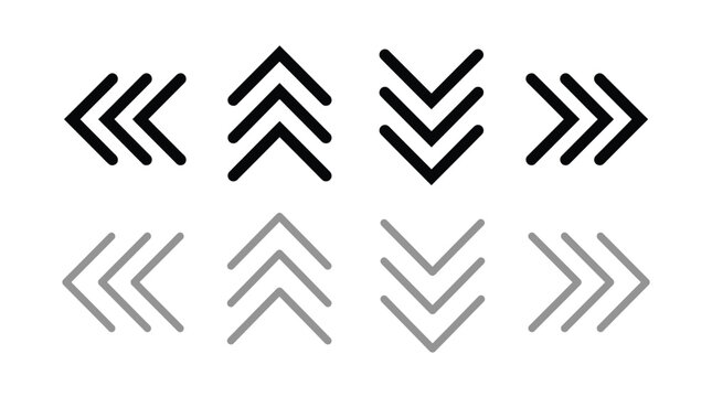 Black and grey vector graphic illustration set of triple directional chevron symbols pointing everywhere