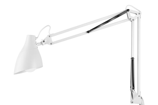 White metal adjustable desk lamp for work and study isolated. Transparent PNG image.