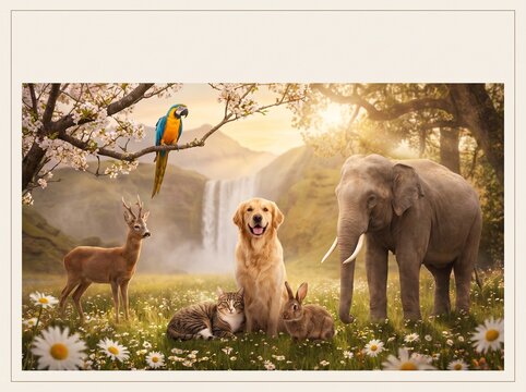Diverse animals including a dog, cat, rabbits, deer, parrot, and elephant peacefully coexist in an idyllic, sunlit meadow with a waterfall and blooming trees