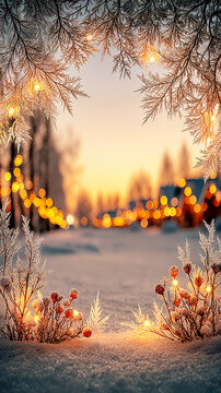 A snowy winter landscape framed by frosty branches and glowing lights at dusk.   