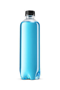 Plastic bottle of blue isotonic drink, sports energy drink isolated. Transparent PNG image.