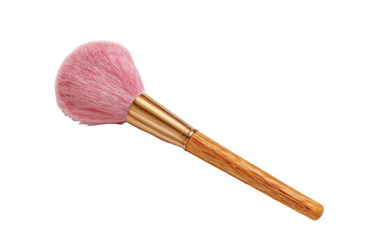 Elegant pink makeup brush with golden handle isolated on transparent background. Pink makeup powder puff brush with wooden handle isolated on white background.