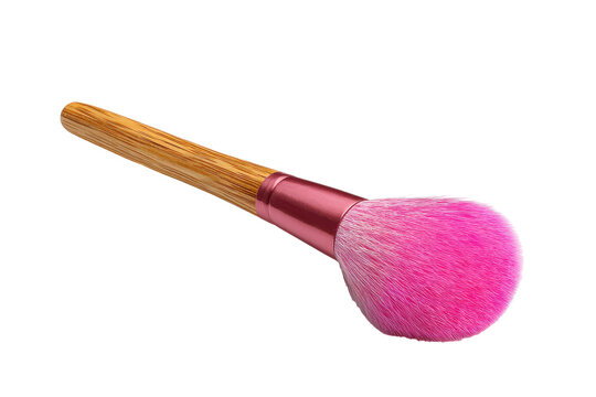 Vibrant pink makeup brush with natural wood handle isolated on transparent background. Pink makeup powder puff brush with wooden handle isolated on white background.