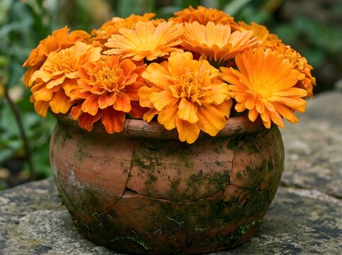Bright orange marigold flowers in a rustic pot