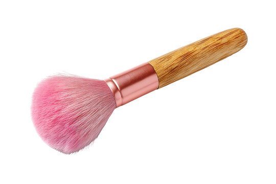Elegant makeup brush with natural wooden handle and soft pink bristles isolated on transparent background. Pink makeup powder puff brush with wooden handle isolated on white background.