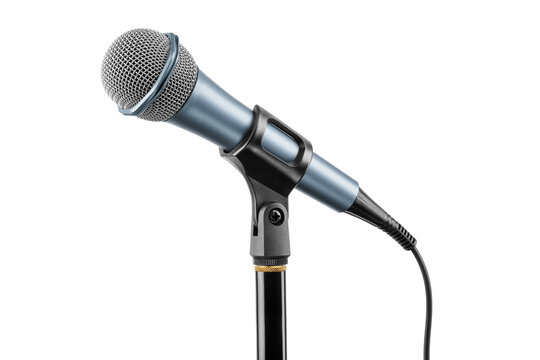 Dynamic microphone on a stand capturing sound for recording or live events isolated. Transparent PNG image.
