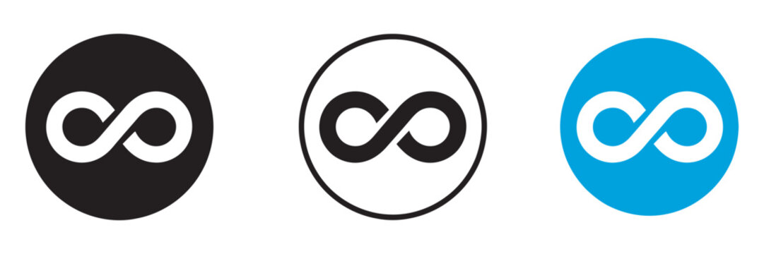 Infinity icon set, endless loop and eternity symbols in circle buttons representing unlimited, infinite, eternal and continuous concepts