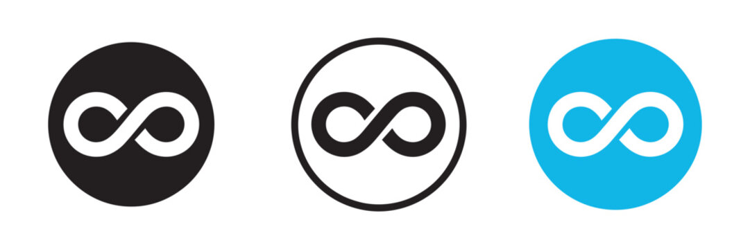 Infinity icon set, endless loop and eternity symbols in circle buttons representing unlimited, infinite, eternal and continuous concepts