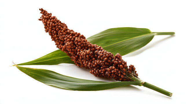 Close up of sorghum plant with brown grain head and green leaves, Sorghum bicolor, isolated on white background, studio shot for agriculture, food, nature, and botanical concepts, horizontal format