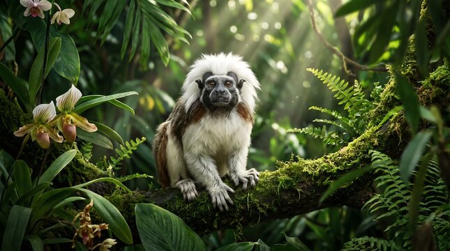 Cotton-Top Tamarin Monkey Sitting on a Mossy Branch in a Sunlit Tropical Rainforest Environment