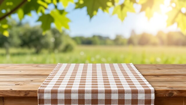 Empty rustic wooden picnic table covered with a checkered brown tablecloth in front of a scenic green meadow and blurred forest landscape bathed in warm summer sunlight.