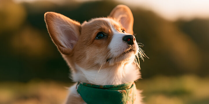 Close-up portrait of an adorable Pembroke Welsh Corgi puppy wearing a green bandana outdoors during sunset. The cute dog looks up with bright eyes in warm golden hour sunlight with blurred nature bac