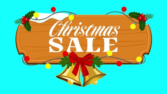 Christmas Sale wooden sign decorated with colorful holiday elements on blue screen. Designed for holiday retail or commercial use.