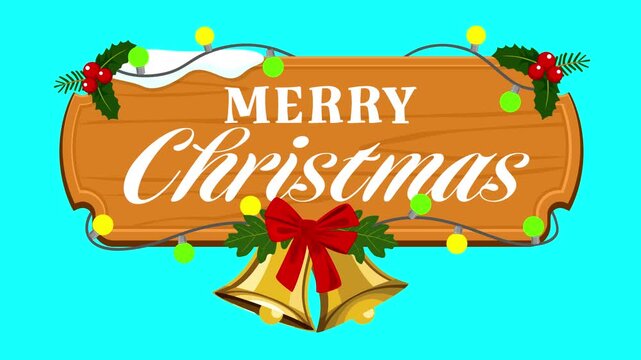 Festive Merry Christmas wooden sign animation decorated with holiday elements. Blue screen motion graphic designed for Christmas greetings and commercial use.