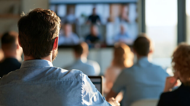 People attending a business hybrid conference in office, integrating in person and online participants on large screen