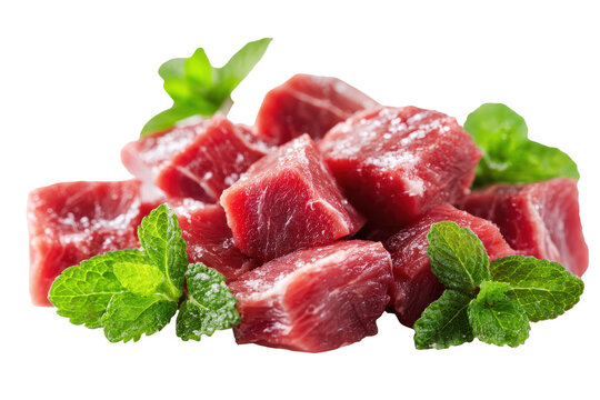 Freshly cut beef cubes with mint garnish isolated on transparent background. Raw beef slices with fresh mint leaves isolated on white background.