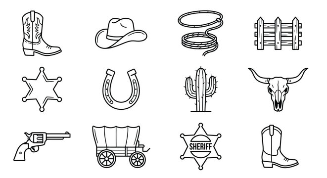 Western themed line art icons depict cowboy gear and desert elements