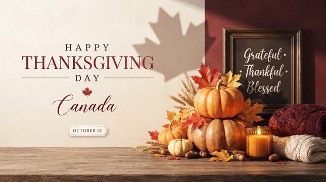 Celebrate thanksgiving canada october 12 banner with pumpkins wheat candle and blanket on wooden table, Canada happy Thanksgiving day