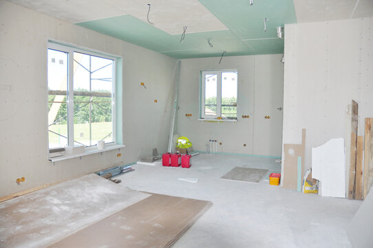 Unfinished interior drywall repair construction renovation