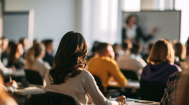 Diverse group of business people attending a seminar or training session with a woman presenting