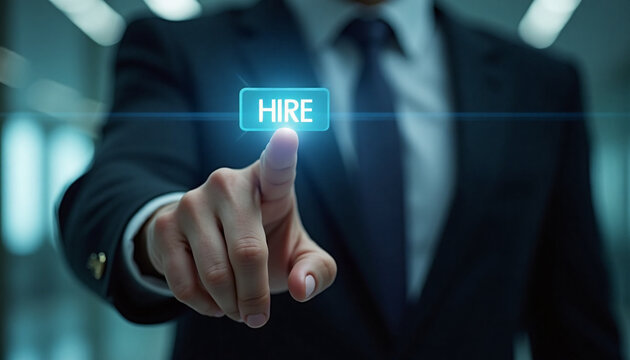 Businessman touching virtual hire button on digital screen recruitment career and human resources