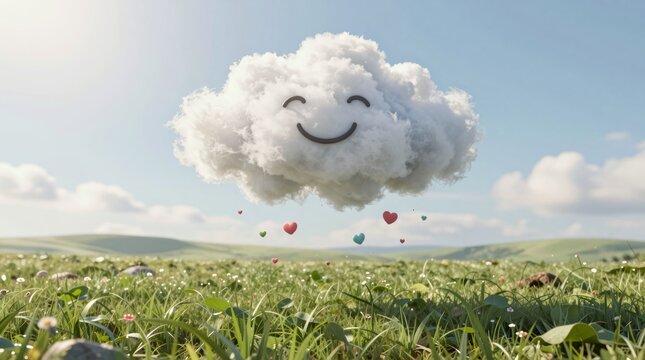 A whimsical happy cloud floats over a lush green field, spreading love with heart shapes. This cheerful scene evokes feelings of joy and serenity in nature.