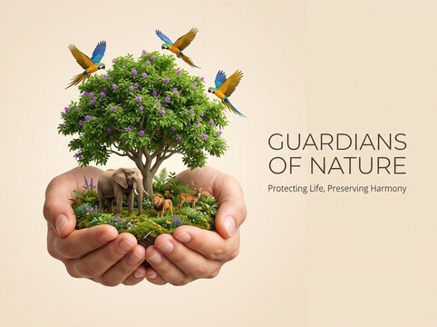 Human hands holding a miniature ecosystem with a lush tree, wild animals, and flying birds, symbol of environmental protection and ecology
