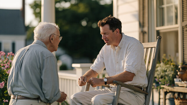 A retiree on a front porch rocking chair leaning toward a neighbor standing in the yard below, rural community gossip and small town chatter between elderly residents in a classic