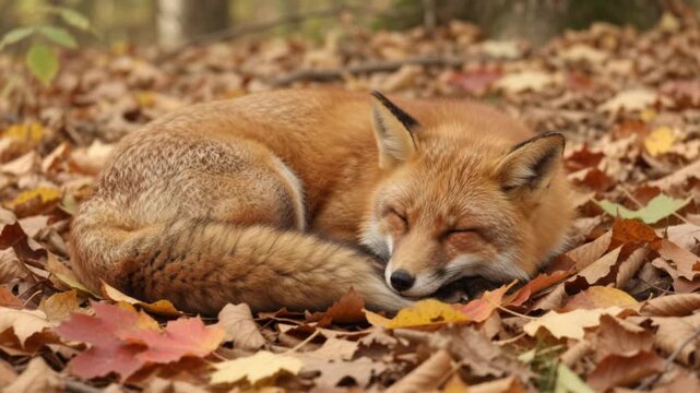Peaceful Red Fox Sleeping Curled Up on Colorful Autumn Leaves in a Quiet Natural Woodland Forest