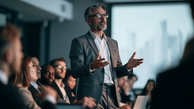 Mature businessman leading a business presentation, gesturing with hands while addressing diverse colleagues in a modern office meeting room