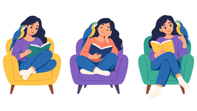 Women reading with parrots illustration